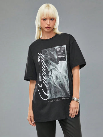 Women's Casual Letter Print Round Neck Dropped Shoulder Loose T-Shirt, Summer Designer