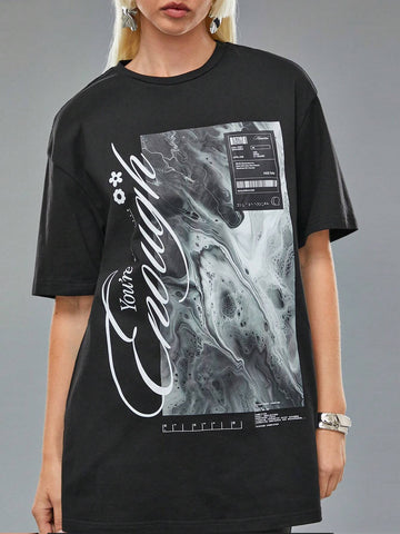 Women's Casual Letter Print Round Neck Dropped Shoulder Loose T-Shirt, Summer Designer