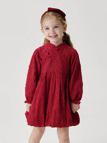 Young Girls Baby Chinese Style Floral Jacquard Mandarin Collar Cheongsam Qipao Dress, Red, Autumn/Winter