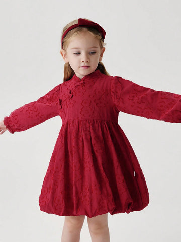 Young Girls Baby Chinese Style Floral Jacquard Mandarin Collar Cheongsam Qipao Dress, Red, Autumn/Winter