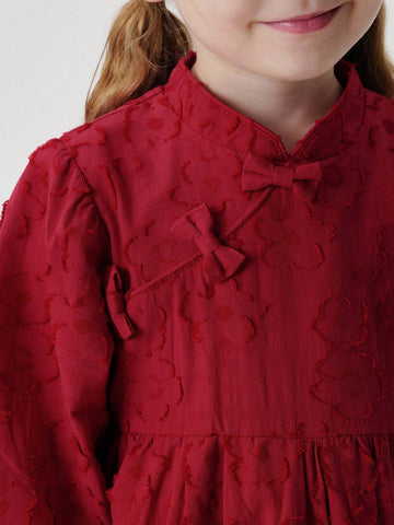 Young Girls Baby Chinese Style Floral Jacquard Mandarin Collar Cheongsam Qipao Dress, Red, Autumn/Winter