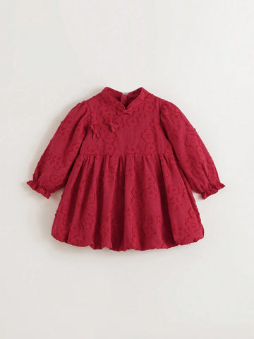 Young Girls Baby Chinese Style Floral Jacquard Mandarin Collar Cheongsam Qipao Dress, Red, Autumn/Winter