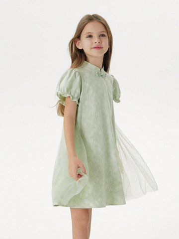 Young Girls Baby Chinese Style Jacquard Mesh Dress, Cheongsam Dress, Hanfu, Summer