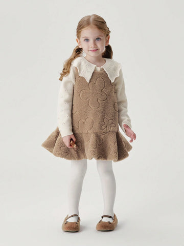 Young Girls Baby Cute Cloud Embroidery Ruffle Hem Plush Jumper Dress, Autumn/Winter