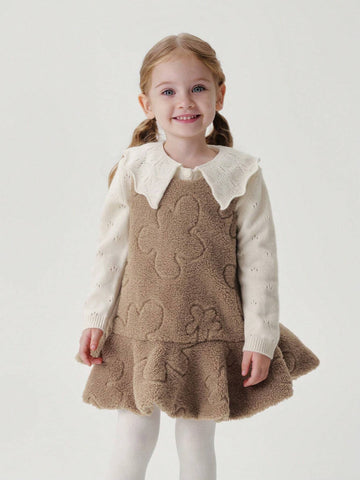 Young Girls Baby Cute Cloud Embroidery Ruffle Hem Plush Jumper Dress, Autumn/Winter