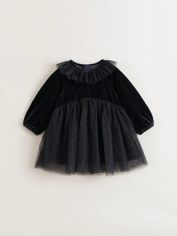 Young Girls Baby Elegant Sweet Ruffle Velvet & Mesh Contrast Round Neck Long Sleeve Dress, Autumn/Winter