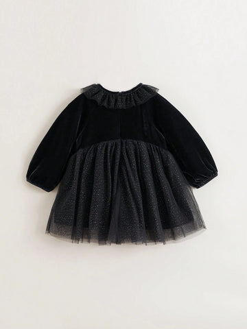 Young Girls Baby Elegant Sweet Ruffle Velvet & Mesh Contrast Round Neck Long Sleeve Dress, Autumn/Winter