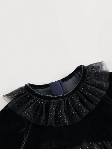 Young Girls Baby Elegant Sweet Ruffle Velvet & Mesh Contrast Round Neck Long Sleeve Dress, Autumn/Winter
