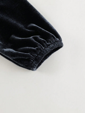 Young Girls Baby Elegant Sweet Ruffle Velvet & Mesh Contrast Round Neck Long Sleeve Dress, Autumn/Winter