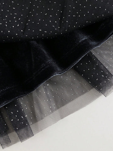 Young Girls Baby Elegant Sweet Ruffle Velvet & Mesh Contrast Round Neck Long Sleeve Dress, Autumn/Winter