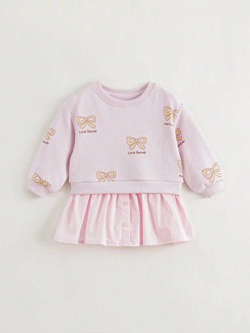 Young Girls Baby Sweet Butterfly Print Patchwork Hem Round Neck Long Sleeve Casual Dress Hoodie Dress, Autumn