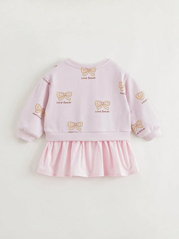 Young Girls Baby Sweet Butterfly Print Patchwork Hem Round Neck Long Sleeve Casual Dress Hoodie Dress, Autumn