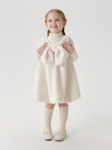 Young Girls Cute Big Bow Floral Sleeveless Fleece Dress, Autumn/Winter