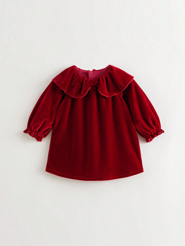 Young Girls Elegant High Collar Puff Sleeve Long Sleeve Velvet Dress, Autumn