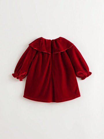 Young Girls Elegant High Collar Puff Sleeve Long Sleeve Velvet Dress, Autumn