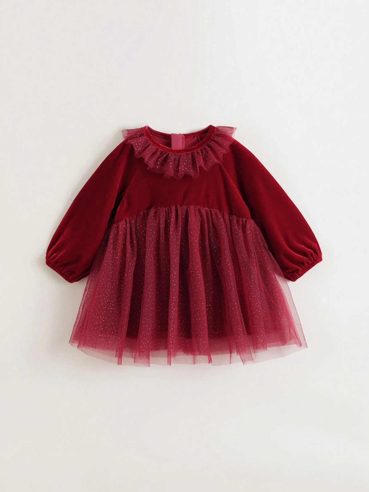 Young Girls Elegant Sweet Ruffle Velvet & Tulle Patchwork Round Neck Long Sleeve Dress, Autumn/Winter