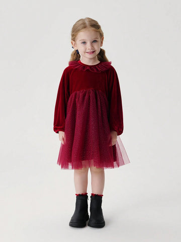 Young Girls Elegant Sweet Ruffle Velvet & Tulle Patchwork Round Neck Long Sleeve Dress, Autumn/Winter