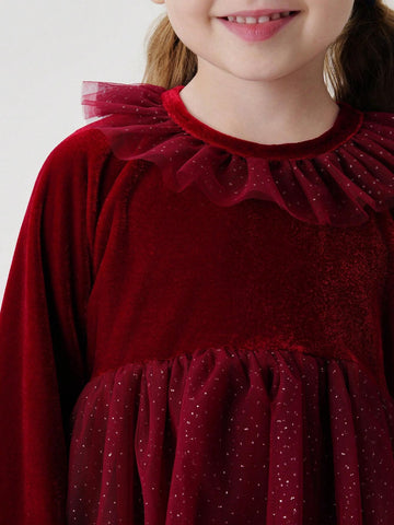 Young Girls Elegant Sweet Ruffle Velvet & Tulle Patchwork Round Neck Long Sleeve Dress, Autumn/Winter
