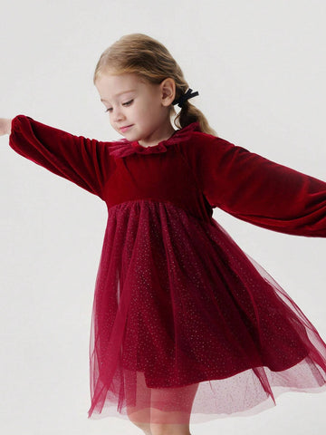 Young Girls Elegant Sweet Ruffle Velvet & Tulle Patchwork Round Neck Long Sleeve Dress, Autumn/Winter
