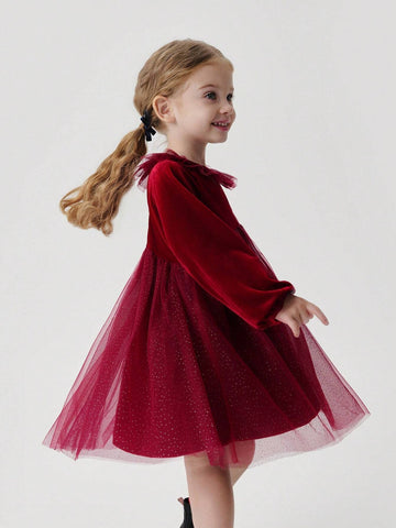 Young Girls Elegant Sweet Ruffle Velvet & Tulle Patchwork Round Neck Long Sleeve Dress, Autumn/Winter