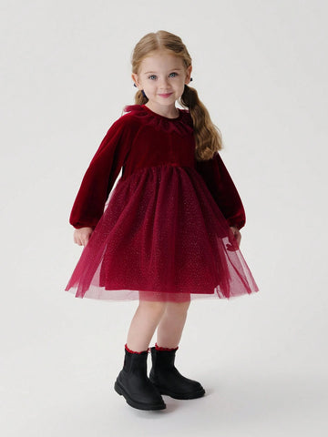 Young Girls Elegant Sweet Ruffle Velvet & Tulle Patchwork Round Neck Long Sleeve Dress, Autumn/Winter