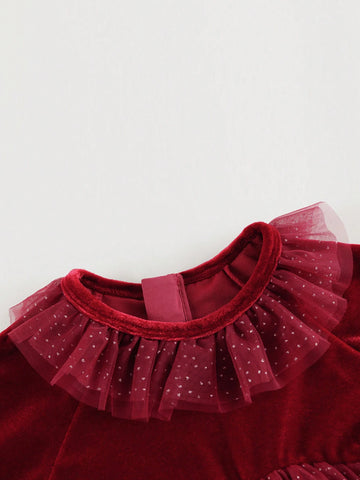 Young Girls Elegant Sweet Ruffle Velvet & Tulle Patchwork Round Neck Long Sleeve Dress, Autumn/Winter