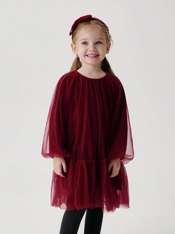 Young Girls Elegant Sweet Velvet & Mesh Contrast Round Neck Long Sleeve Dress, Autumn/Winter