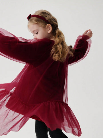 Young Girls Elegant Sweet Velvet & Mesh Contrast Round Neck Long Sleeve Dress, Autumn/Winter