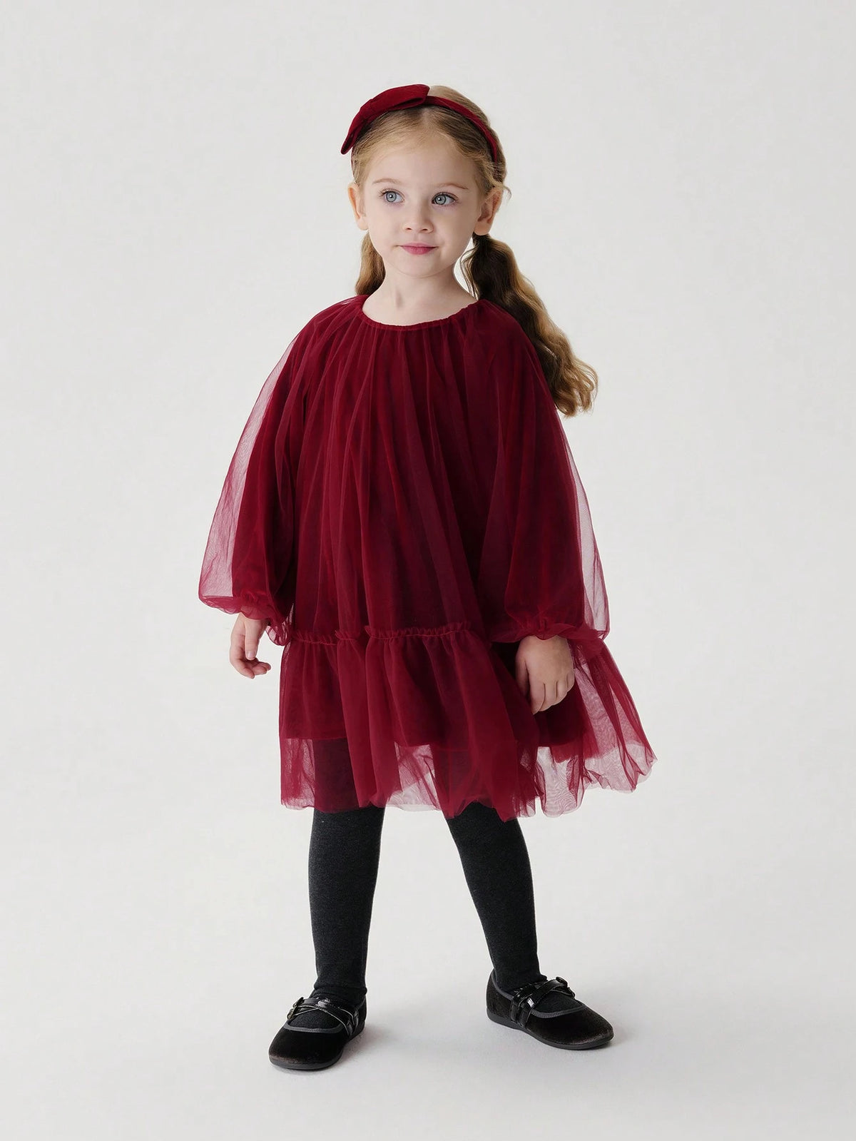 Young Girls Elegant Sweet Velvet & Mesh Contrast Round Neck Long Sleeve Dress, Autumn/Winter