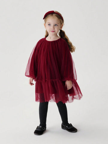 Young Girls Elegant Sweet Velvet & Mesh Contrast Round Neck Long Sleeve Dress, Autumn/Winter