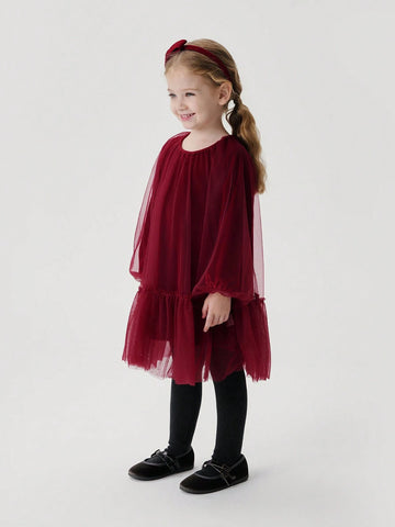 Young Girls Elegant Sweet Velvet & Mesh Contrast Round Neck Long Sleeve Dress, Autumn/Winter