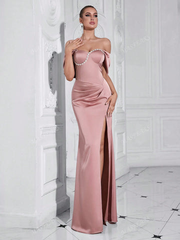 MASFEARS Off-The-Shoulder Draped Formal Dress With Side Slits And Asymmetric Embellishments