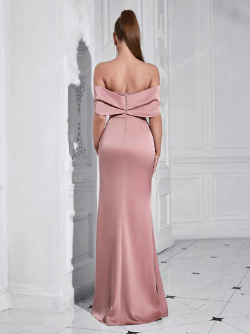 MASFEARS Off-The-Shoulder Draped Formal Dress With Side Slits And Asymmetric Embellishments