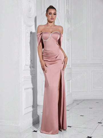 MASFEARS Off-The-Shoulder Draped Formal Dress With Side Slits And Asymmetric Embellishments