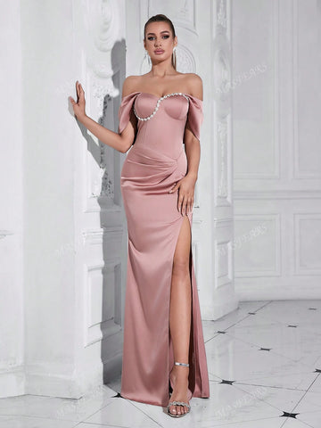 MASFEARS Off-The-Shoulder Draped Formal Dress With Side Slits And Asymmetric Embellishments