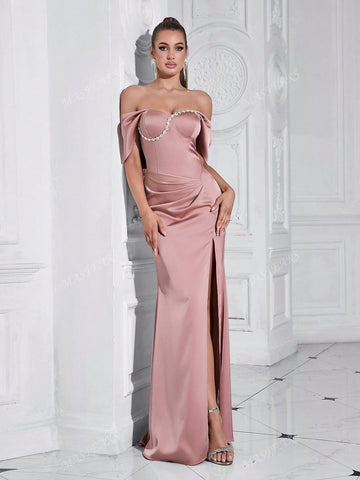 MASFEARS Off-The-Shoulder Draped Formal Dress With Side Slits And Asymmetric Embellishments