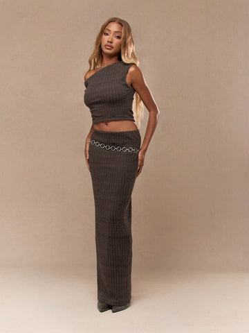 MISSGUIDED 2pcs Women's Solid Color Asymmetrical Neck Minimalist Blouse And Skirt Set, Casual Daily Wear