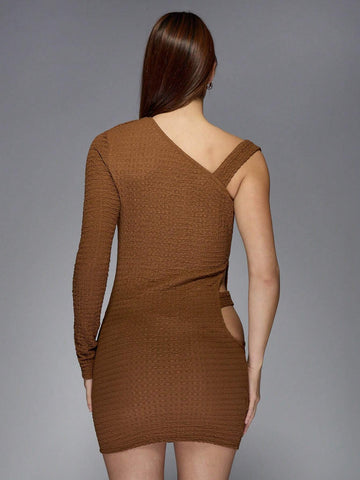 MISSGUIDED Asymmetric Textured One SHoulder Long Sleeve Cut-Out Bodycon Mini Dress