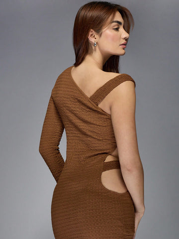 MISSGUIDED Asymmetric Textured One SHoulder Long Sleeve Cut-Out Bodycon Mini Dress