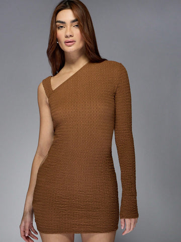 MISSGUIDED Asymmetric Textured One SHoulder Long Sleeve Cut-Out Bodycon Mini Dress