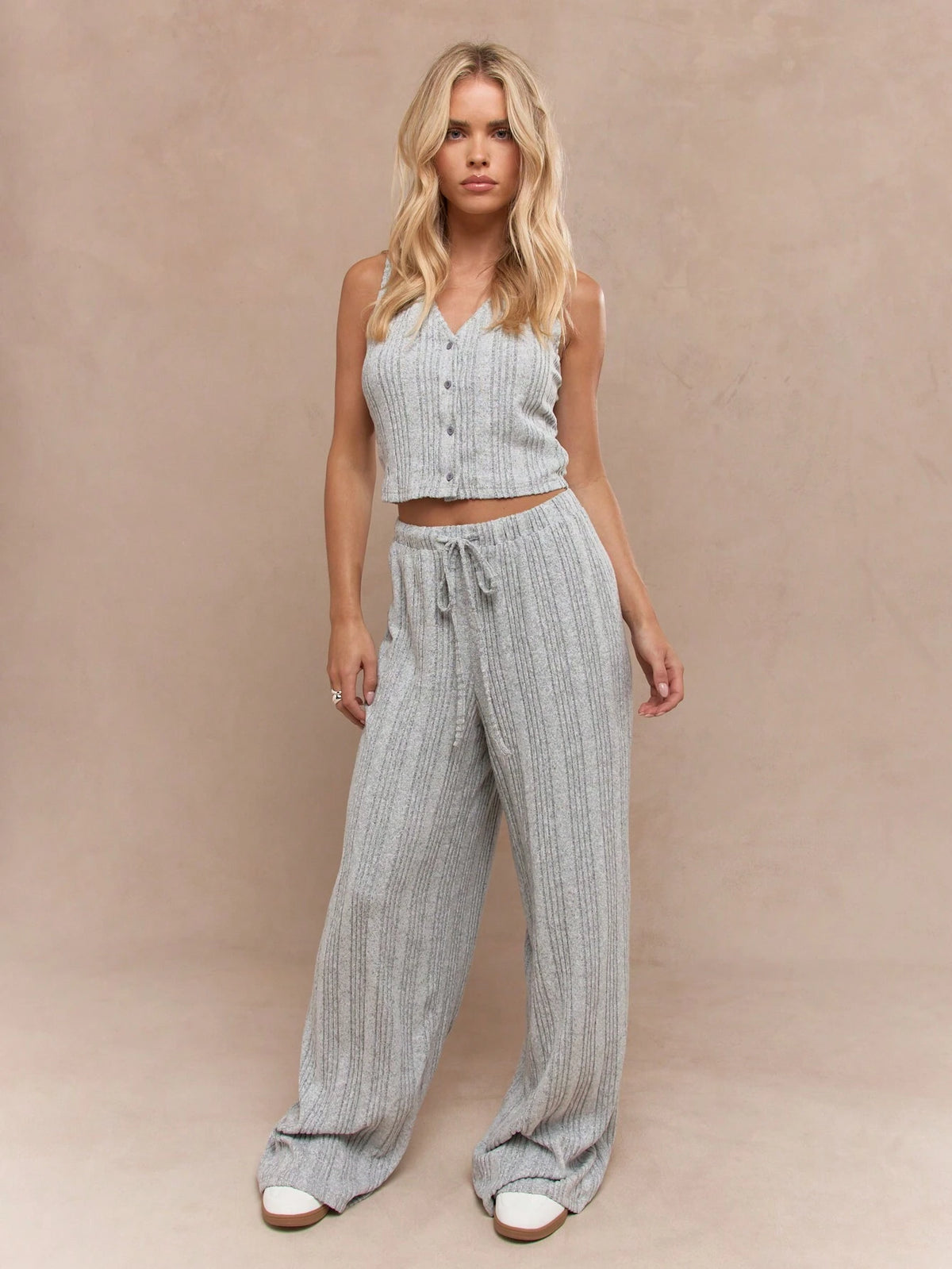 MISSGUIDED Brushed Ribbed Vest And Wide Leg Pants Two Piece Lounge Co-Ord Set