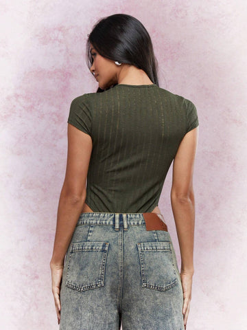 MISSGUIDED Buttoned Textured Ribbed Short Sleeve Bodysuit