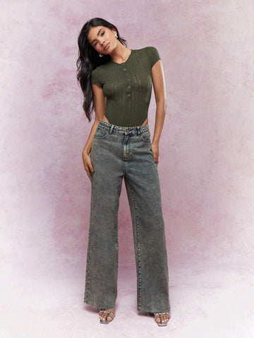 MISSGUIDED Buttoned Textured Ribbed Short Sleeve Bodysuit