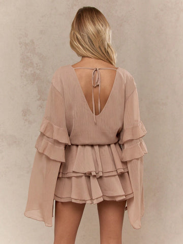 MISSGUIDED Chiffon Cowl Plunge Flare Long Sleeves Cut-Out Waist Tiered Ruffle Mini Dress