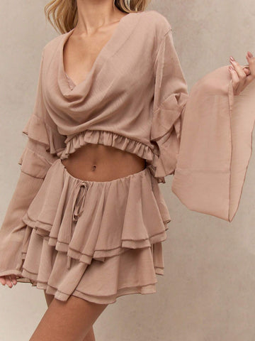 MISSGUIDED Chiffon Cowl Plunge Flare Long Sleeves Cut-Out Waist Tiered Ruffle Mini Dress