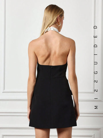 MISSGUIDED Colorblock Halter Neck Backless Midi Dress