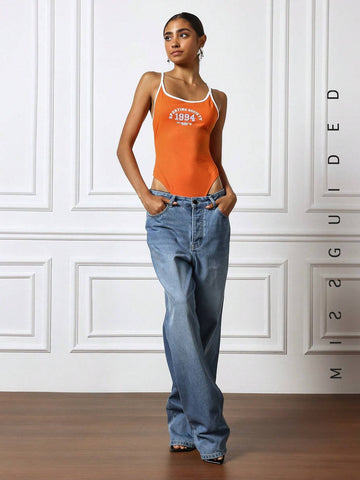 MISSGUIDED Contrast Binding Front Print Bodysuit