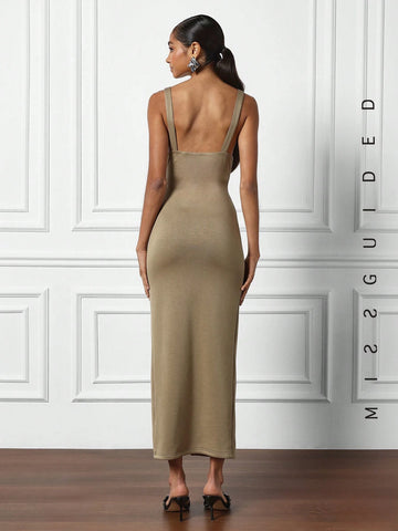 MISSGUIDED Deep V Neck Side Slit Maxi Dress