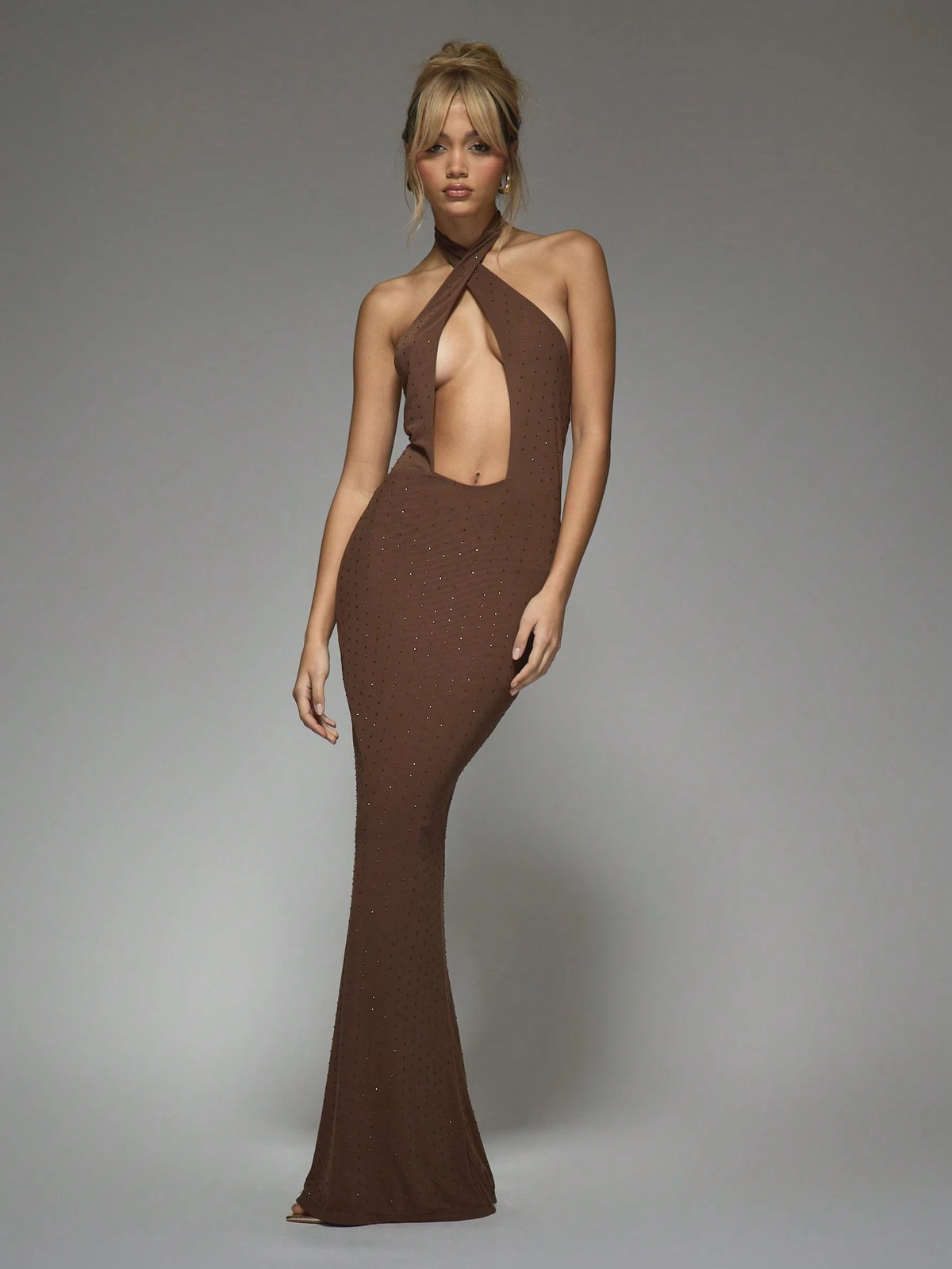 MISSGUIDED Embellished Cut-Out Cross Halter Neck Backless Flare Hem Maxi Dress