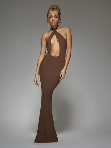 MISSGUIDED Embellished Cut-Out Cross Halter Neck Backless Flare Hem Maxi Dress